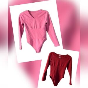 MRIGNT LS Bodysuits,Red/Pink V Neck with Ribbed Seamless Design Sz M-2 Piece Set